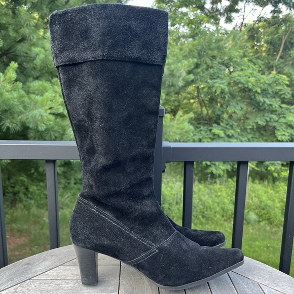 Worthington Boots Size 9.5 Black Suede Leather Pointed Toe Knee High 3" Heel Zip - Picture 1 of 10